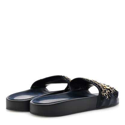 Chanel Satin Canvas Chain Slides Sandals Flats 39 Marine 4 of 8