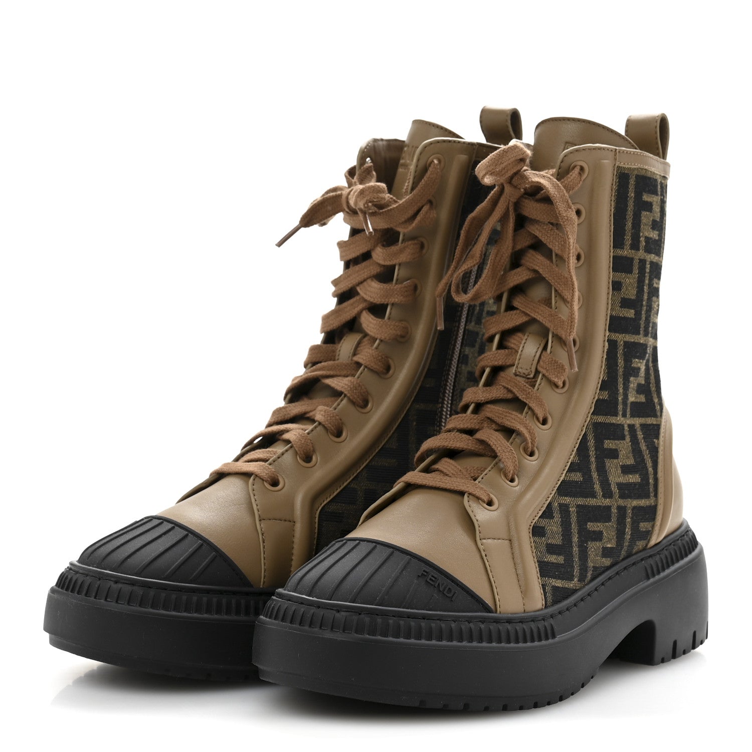 Fendi Fabric Jacquard Vitello FF Domino 50mm Biker Boots 38 Tobacco Black Sand 4 of 9