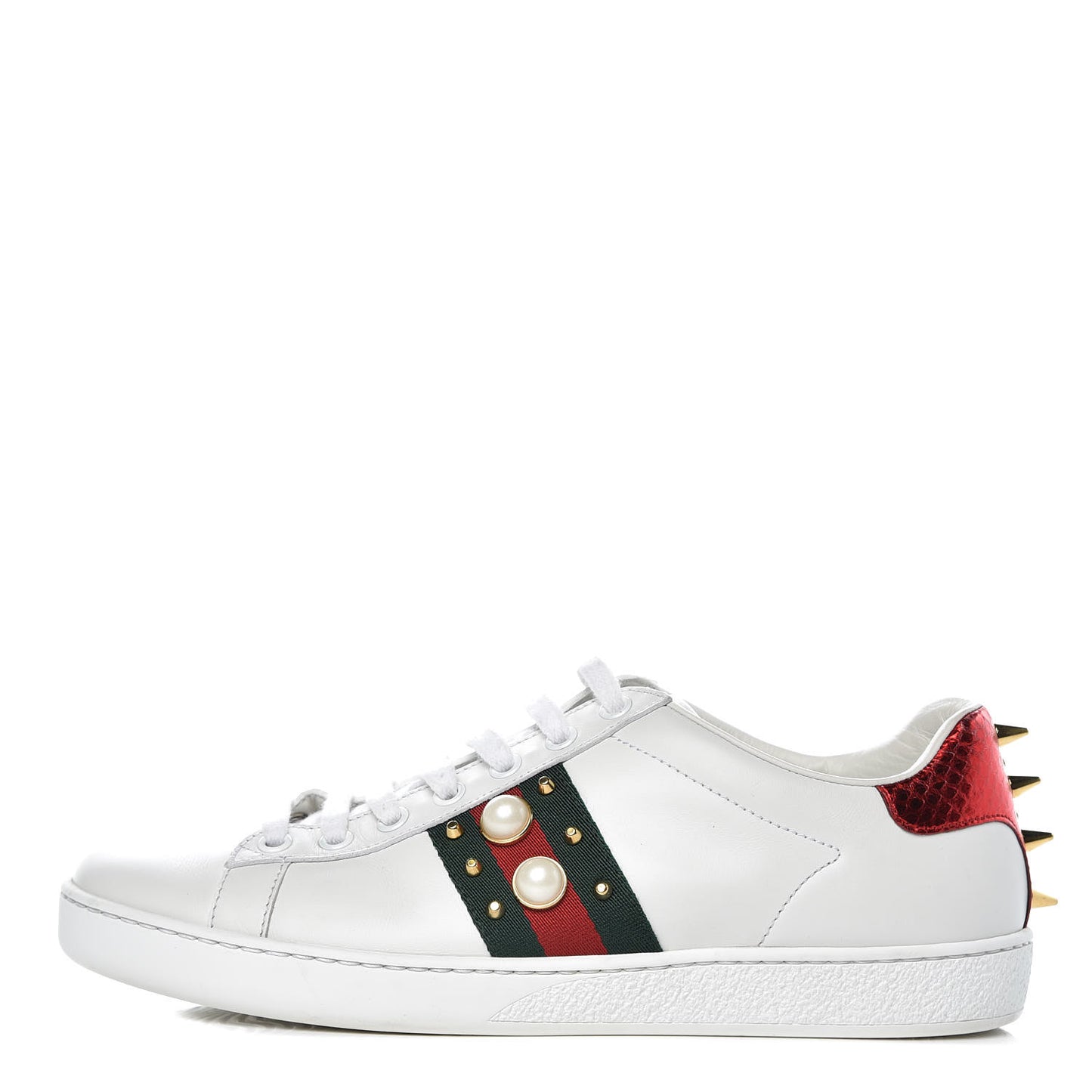 Calfskin Web Pearl Studded Womens Ace Sneakers 37.5 White