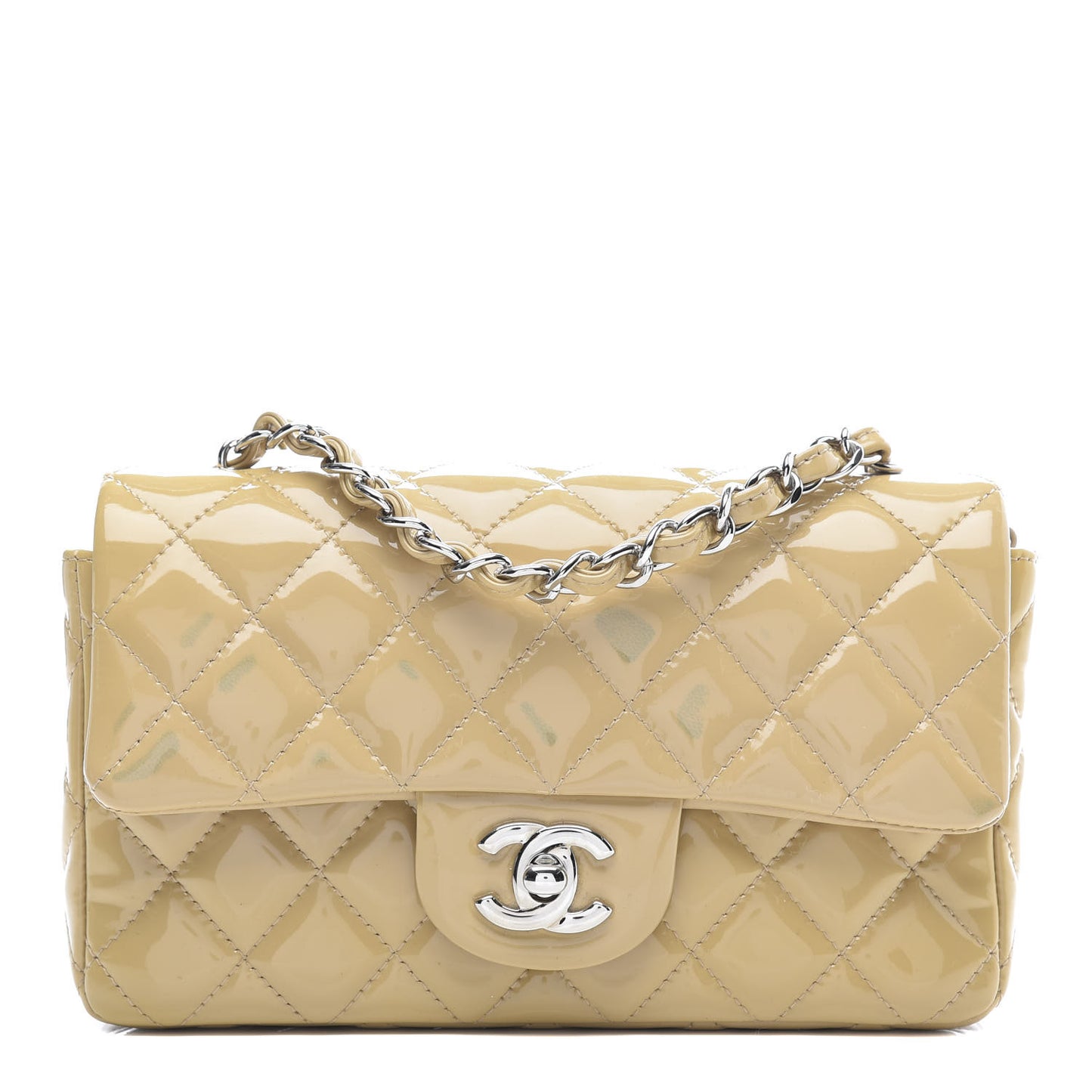 Patent Calfskin Quilted Mini Rectangular Flap Beige
