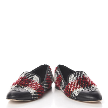 Chanel Tweed Cap Toe Loafers 38 Red Black 6 of 15