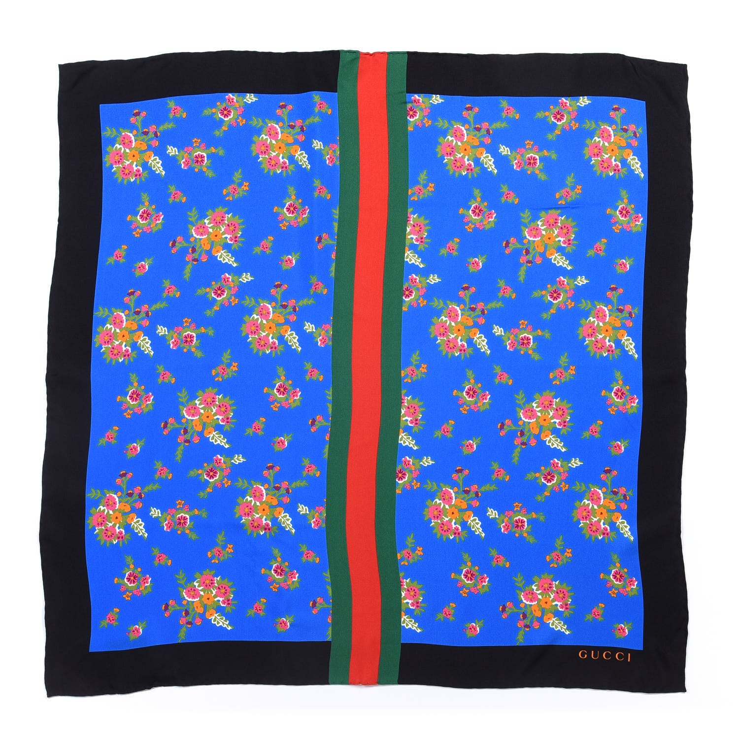 Gucci Silk Floral Print Web Square Scarf Black Blue 1 of 3