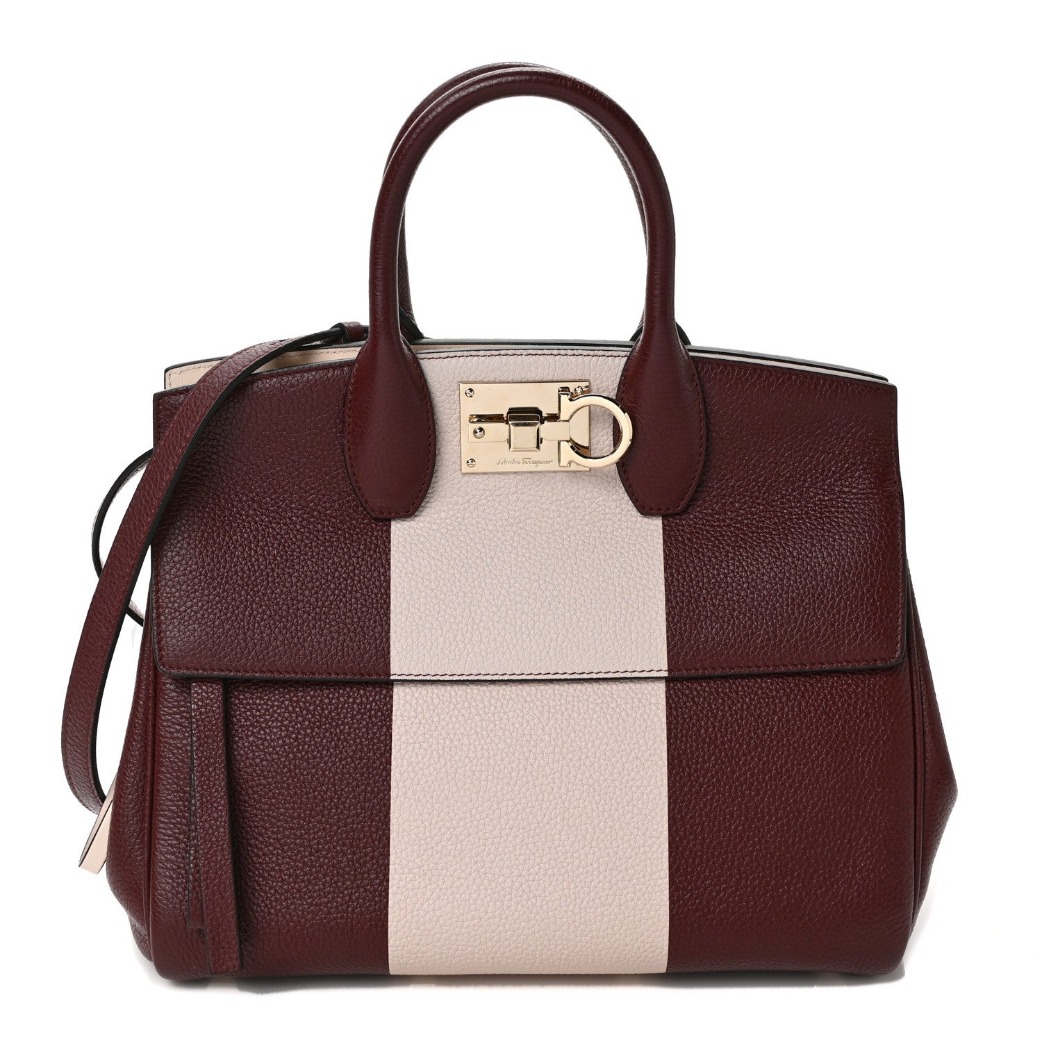 Salvatore Ferragamo Grained Calfskin Studio Top Handle Bag Burgundy Beige 1 of 9