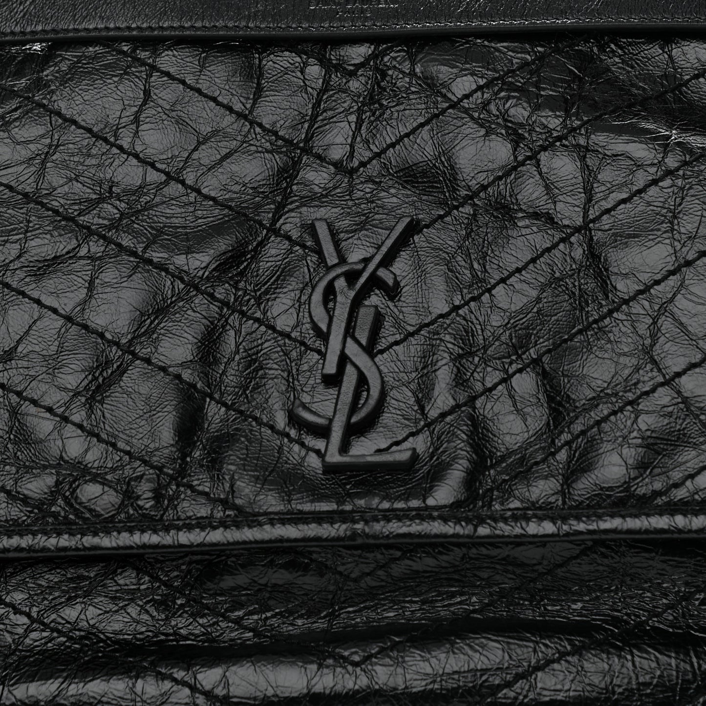 Crinkled Calfskin Matelasse Monogram Large Niki Chain Satchel Black
