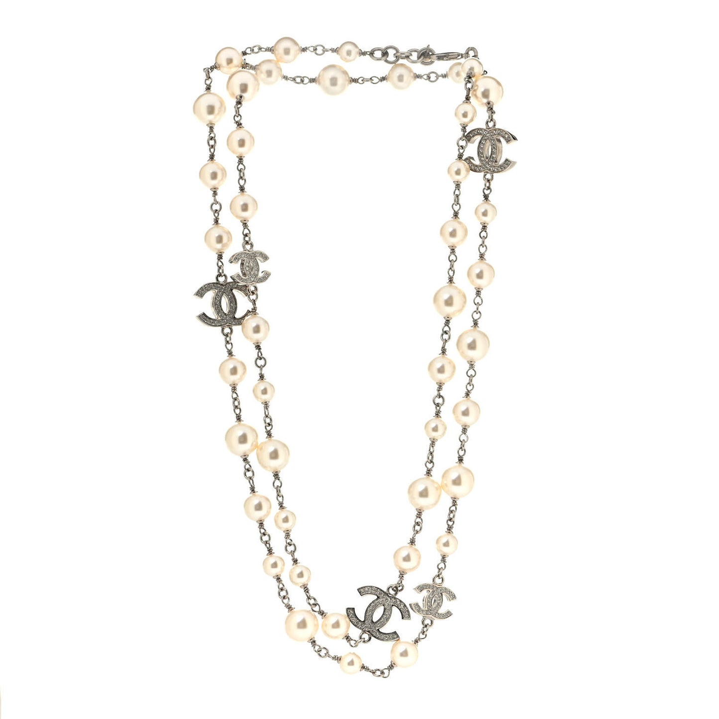 Crystal Pearl CC Long Necklace Silver