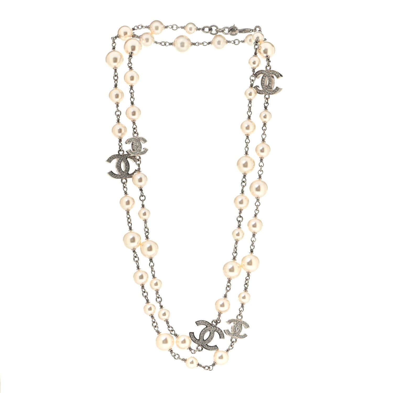 Chanel Crystal Pearl CC Long Necklace Silver 2 of 4