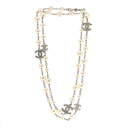Chanel Crystal Pearl CC Long Necklace Silver 2 of 4