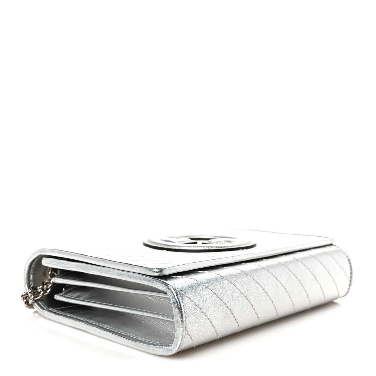 Metallic Sakai Be Green Calfskin Diagonal Stitched Blondie Wallet on Chain Silver