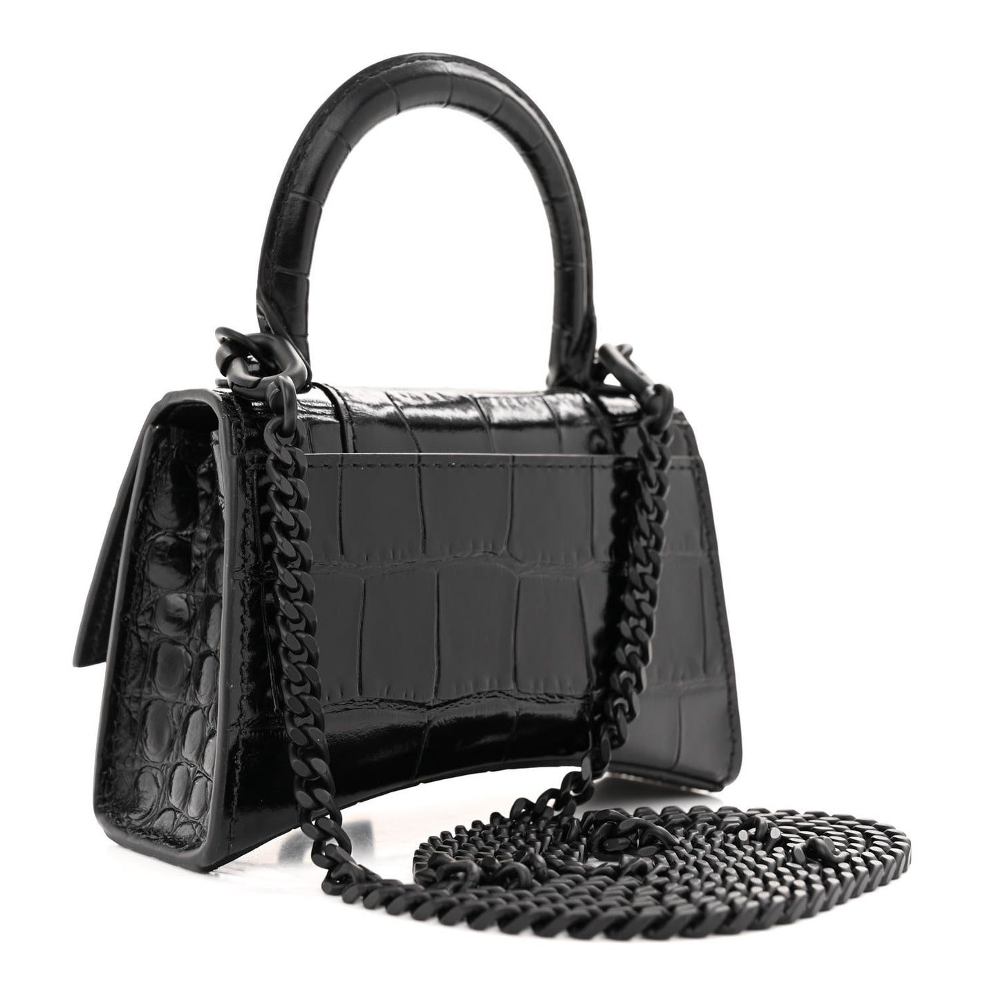 Shiny Calfskin Monochrome Crocodile Embossed Hourglass Top Handle Bag Mini with Chain Black