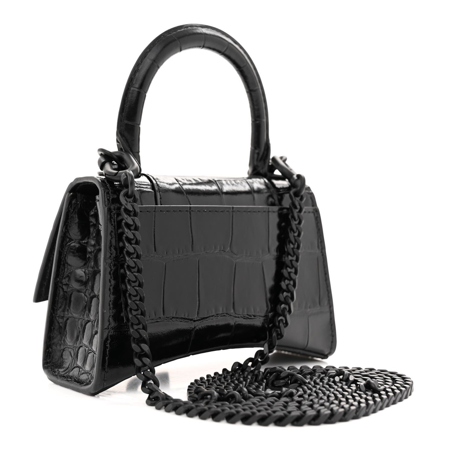 Balenciaga Shiny Calfskin Monochrome Crocodile Embossed Hourglass Top Handle Bag Mini with Chain Black 3 of 9