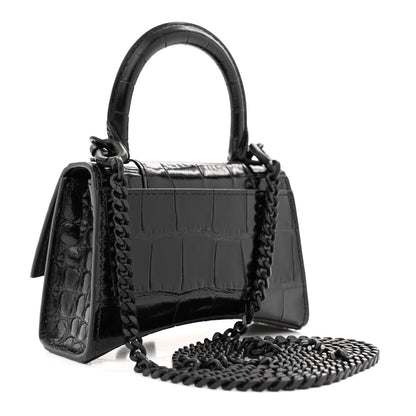 Balenciaga Shiny Calfskin Monochrome Crocodile Embossed Hourglass Top Handle Bag Mini with Chain Black 3 of 9