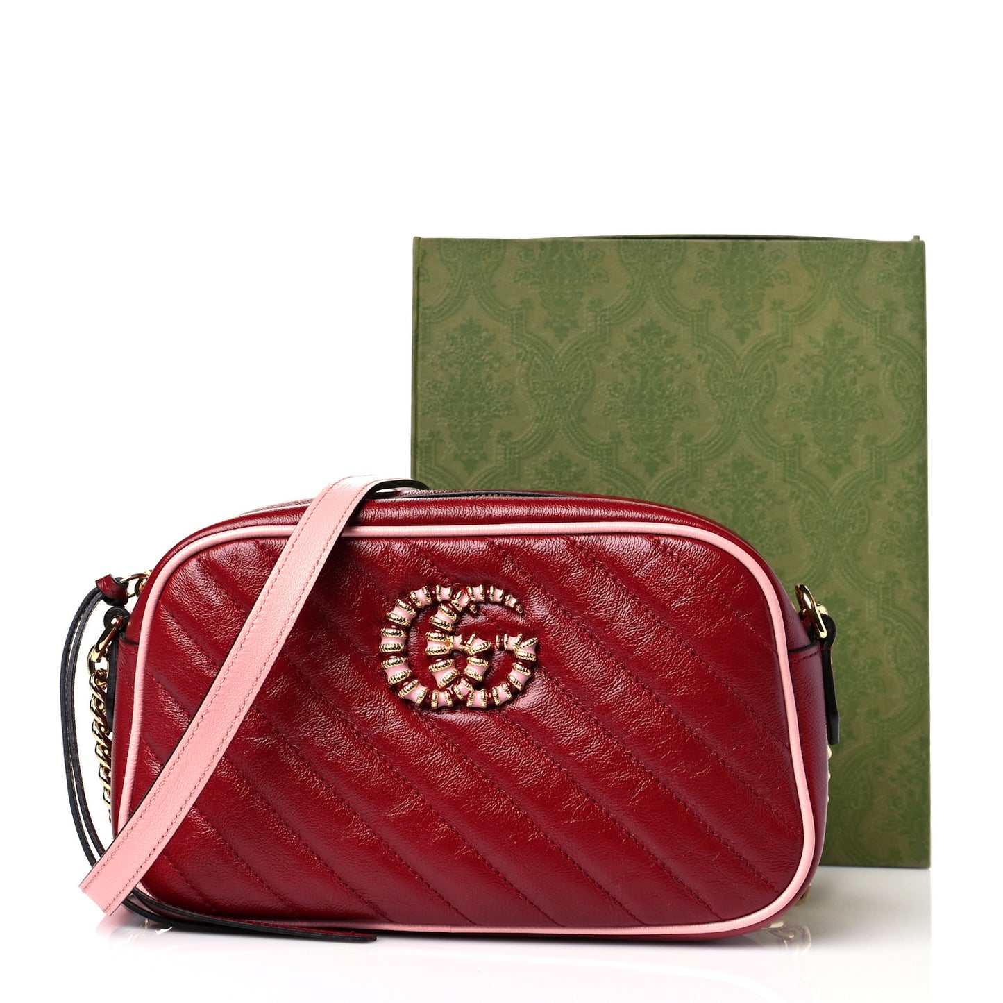 Azalea Calfskin Enamel Matelasse Diagonal Small Torchon GG Marmont Chain Shoulder Bag New Cherry Red Wild Rose