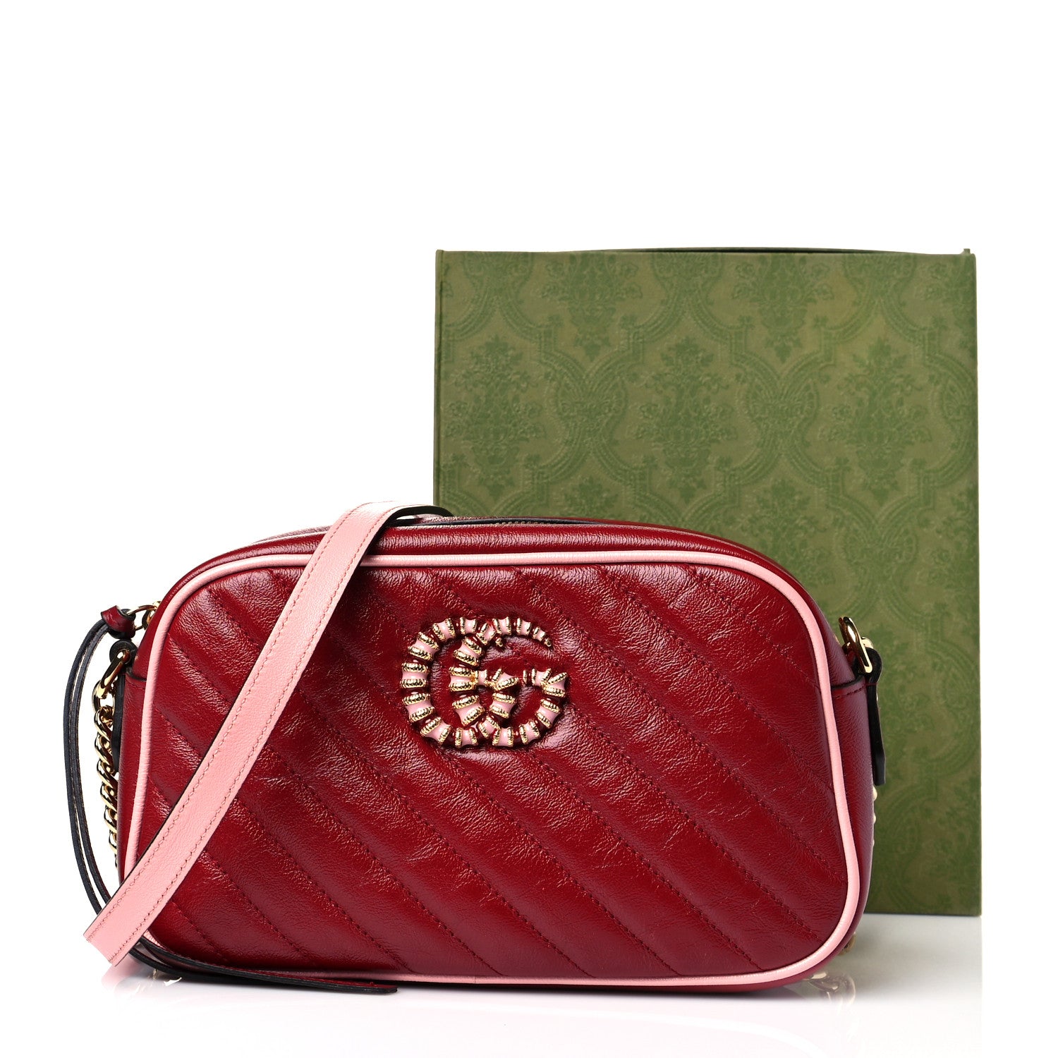 Gucci Azalea Calfskin Enamel Matelasse Diagonal Small Torchon GG Marmont Chain Shoulder Bag New Cherry Red Wild Rose 12 of 12