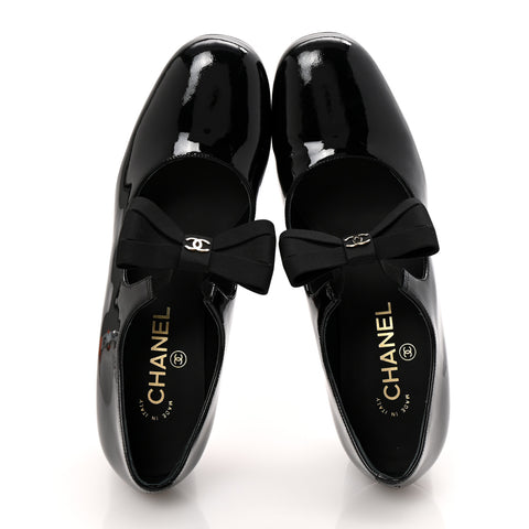 Patent Calfskin Grosgrain CC Mary Jane Pumps 39.5 Black