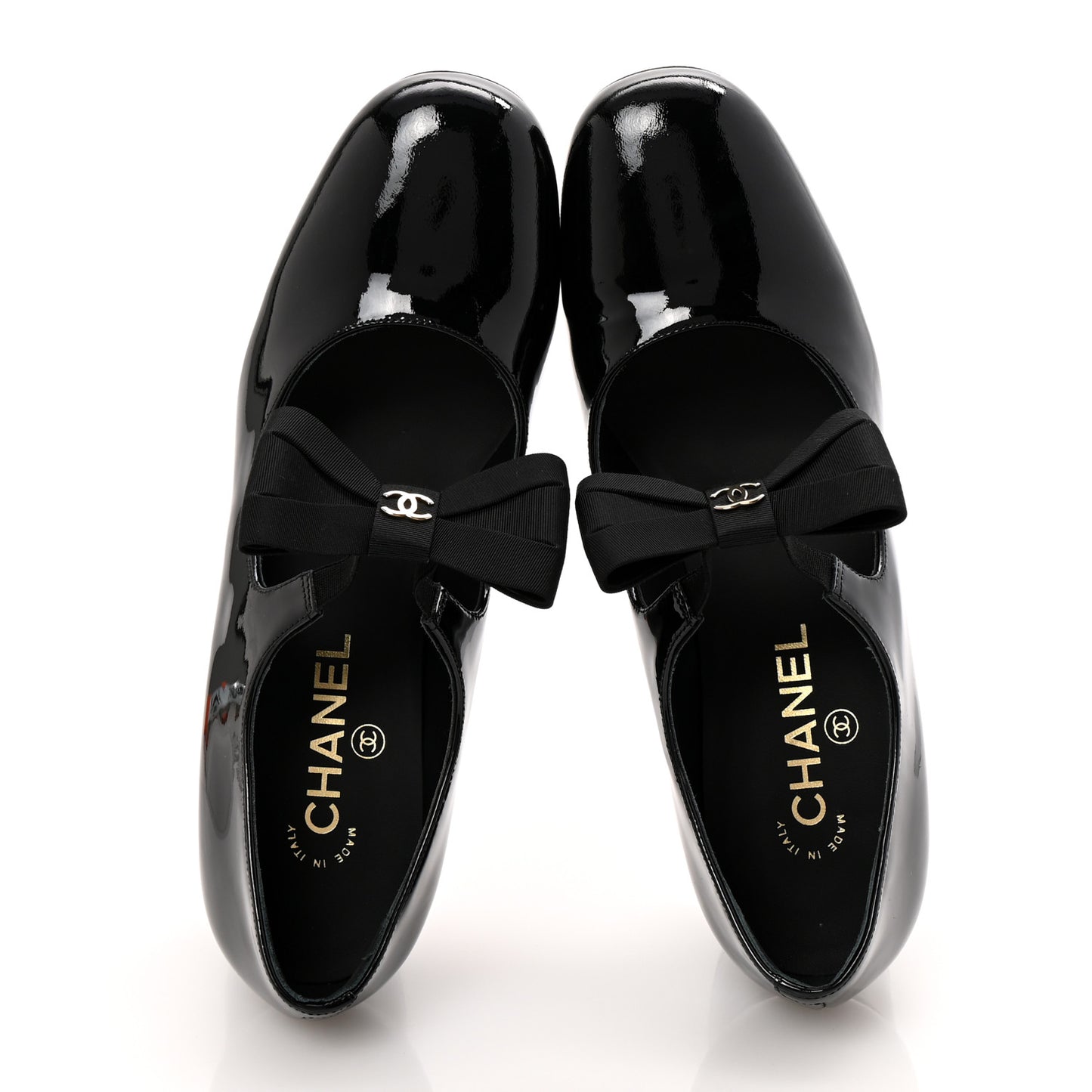 Patent Calfskin Grosgrain CC Mary Jane Pumps 39.5 Black