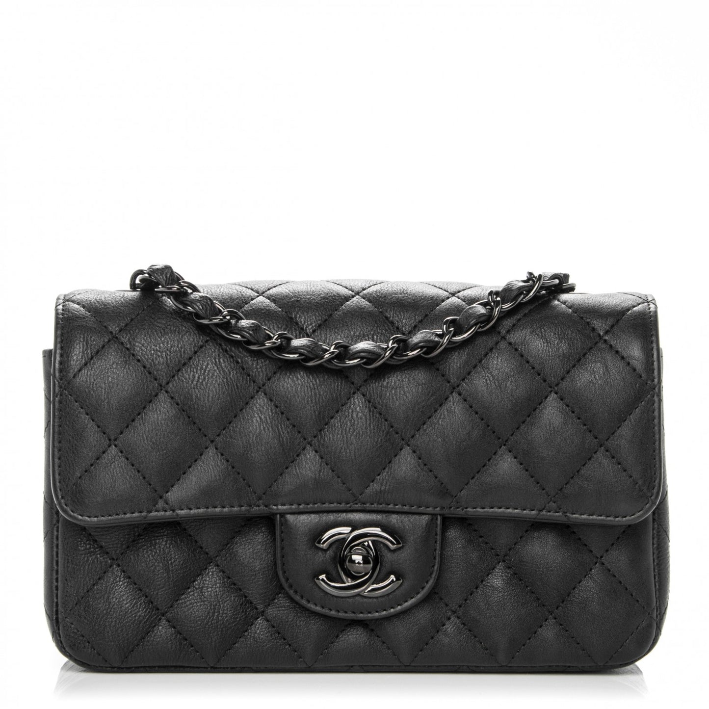 Crumpled Calfskin Quilted Mini Rectangular Flap So Black