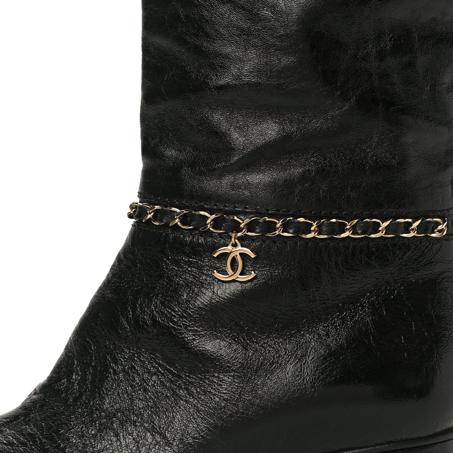 Crumpled Calfskin Cap Toe Chain Boots 37.5 Black