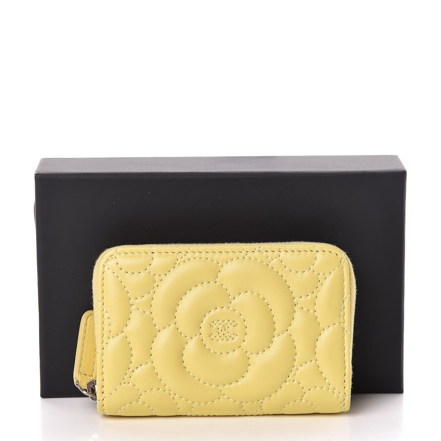 Lambskin Camellia Embossed Zip Coin Purse Yellow
