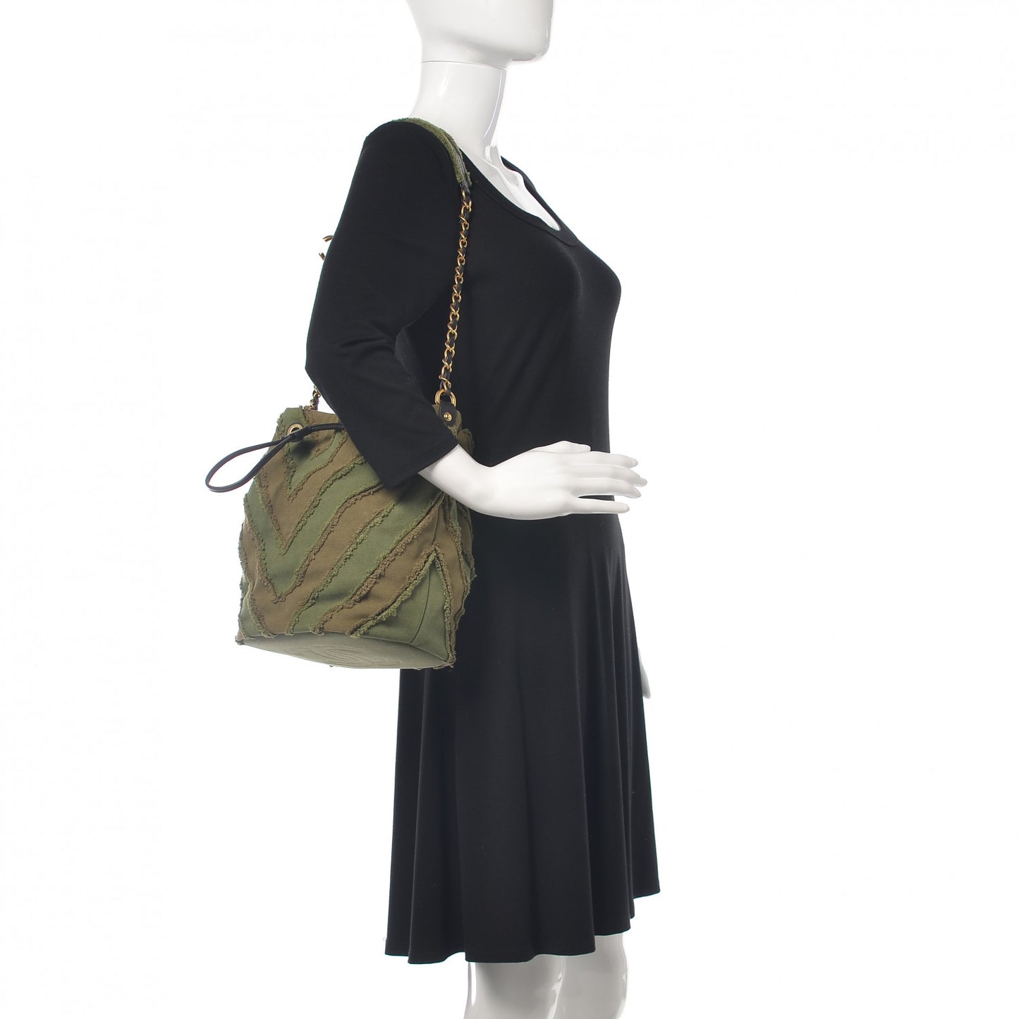 Canvas Chevron Cuba Patchwork Bucket Bag Khaki