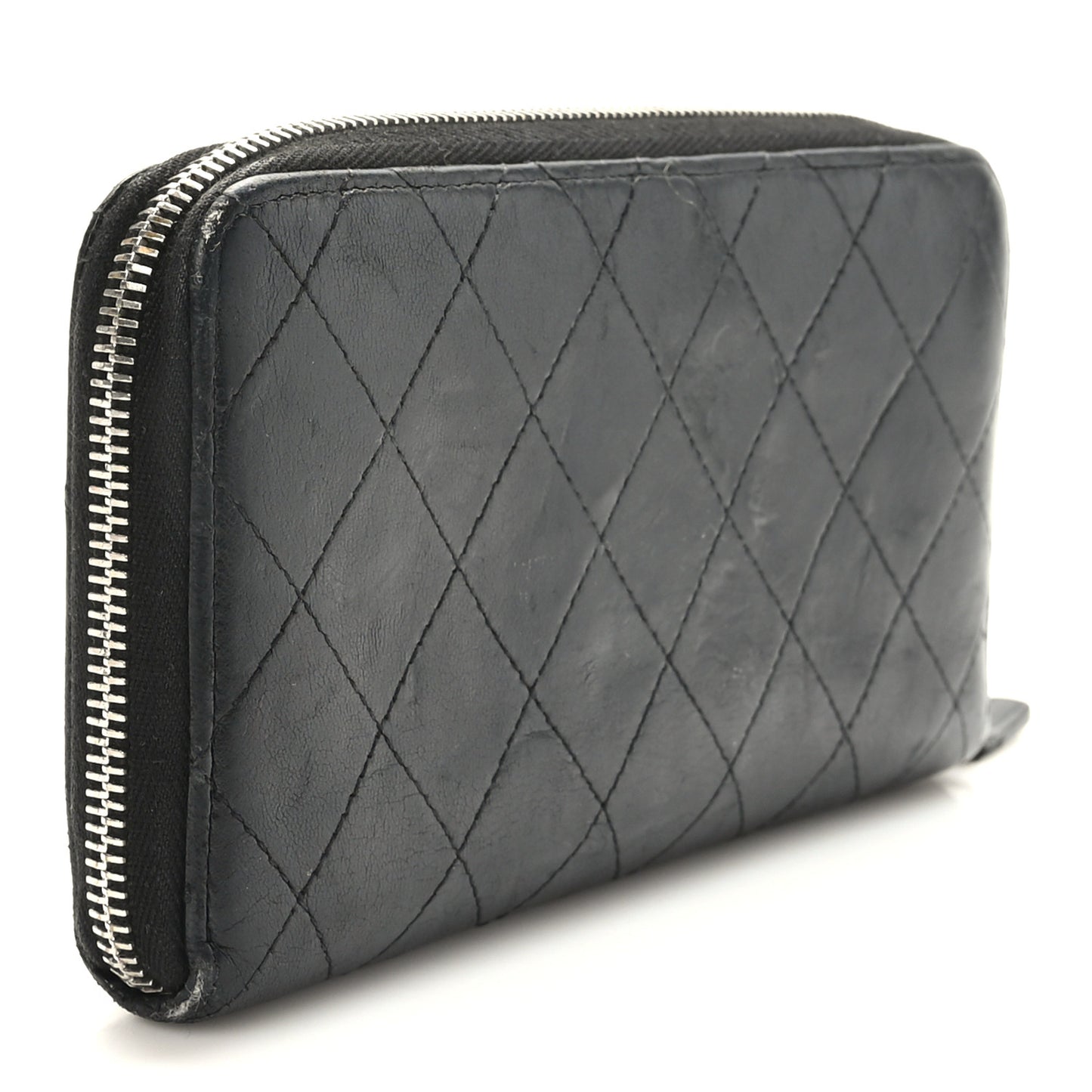 Lambskin Quilted Large Gusset Zip Around Wallet Black
