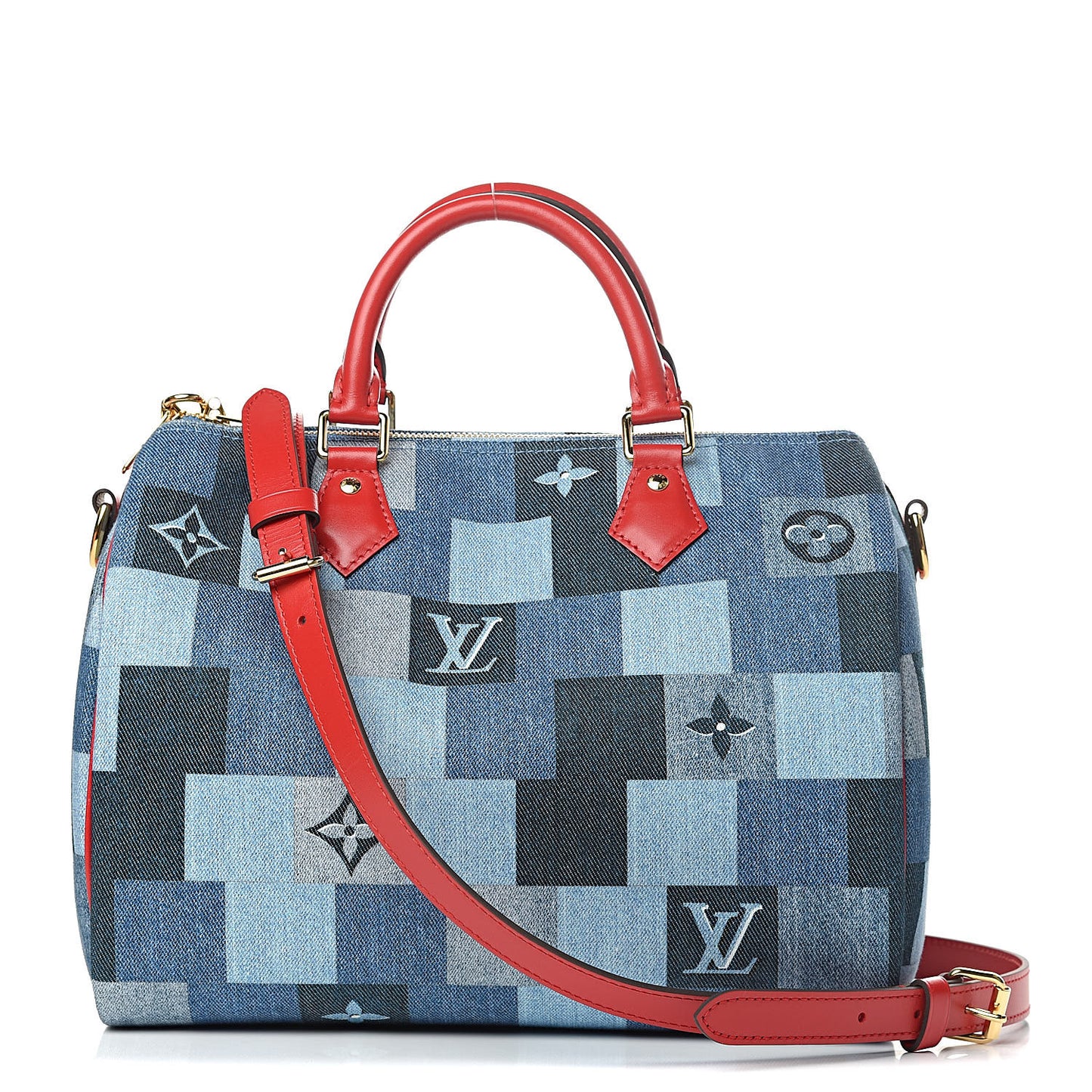 Denim Damier Monogram Patchwork Speedy Bandouliere 30 Blue Rouge