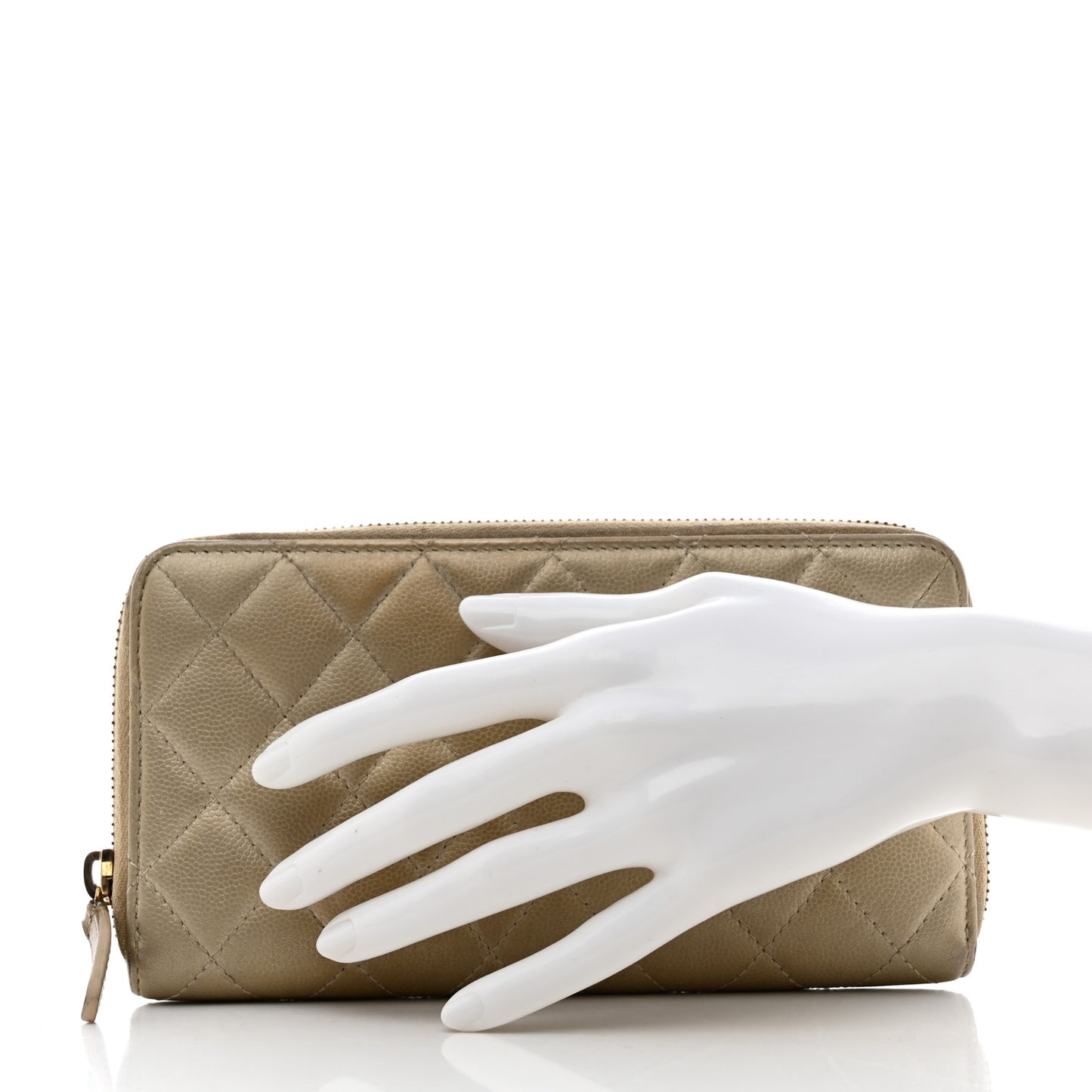 Iridescent Caviar Quilted Large Gusset Zip Around Wallet Beige