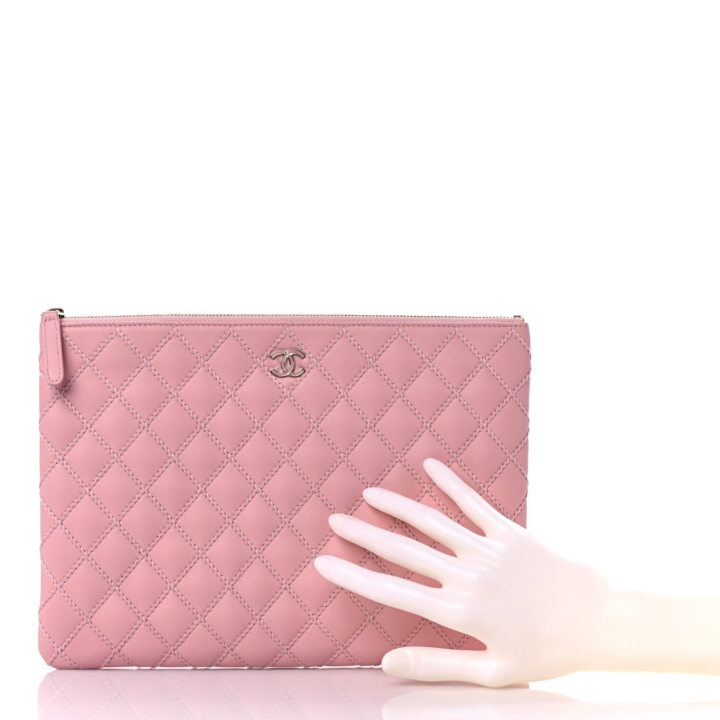 Calfskin Quilted Enamel CC Stitched Medium Cosmetic Case Pink
