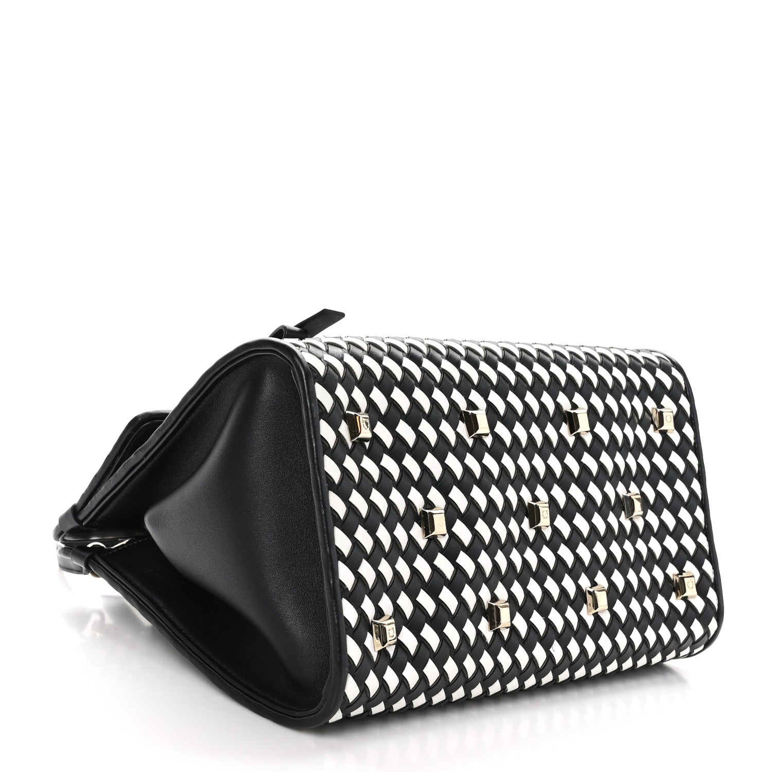 Salvatore Ferragamo Woven Calfskin Medium Studio Top Handle Bag Black White 4 of 9