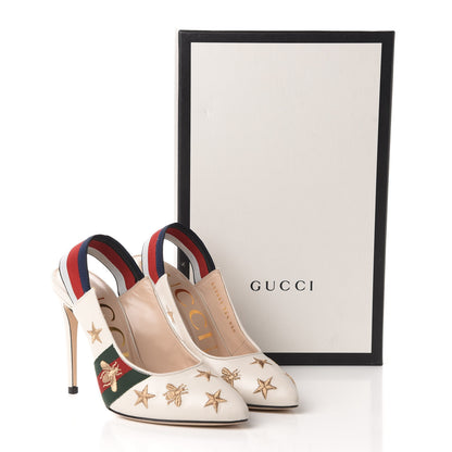 Gucci Malaga Kid Web Bee Star Embroidered Sylvie High Heel Slingback Pumps 36.5 White 14 of 14