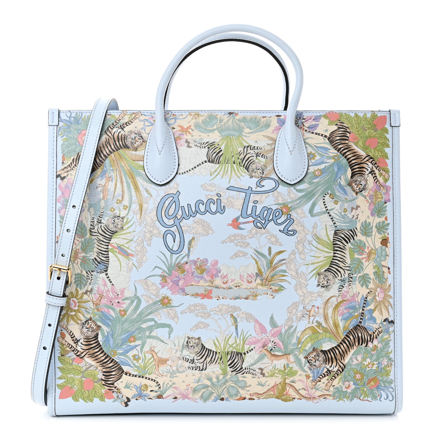 New Shangai Calfskin Tiger Savanah Textured Calfskin Medium Tote Light Blue Multicolor