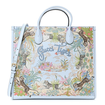 Gucci New Shangai Calfskin Tiger Savanah Textured Calfskin Medium Tote Light Blue Multicolor 1 of 14