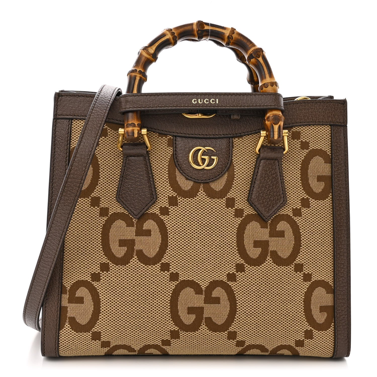 Gucci Monogram Jumbo GG Textured Dollar Calfskin Small Diana Tote Bag Camel Ebony New Acero 1 of 14