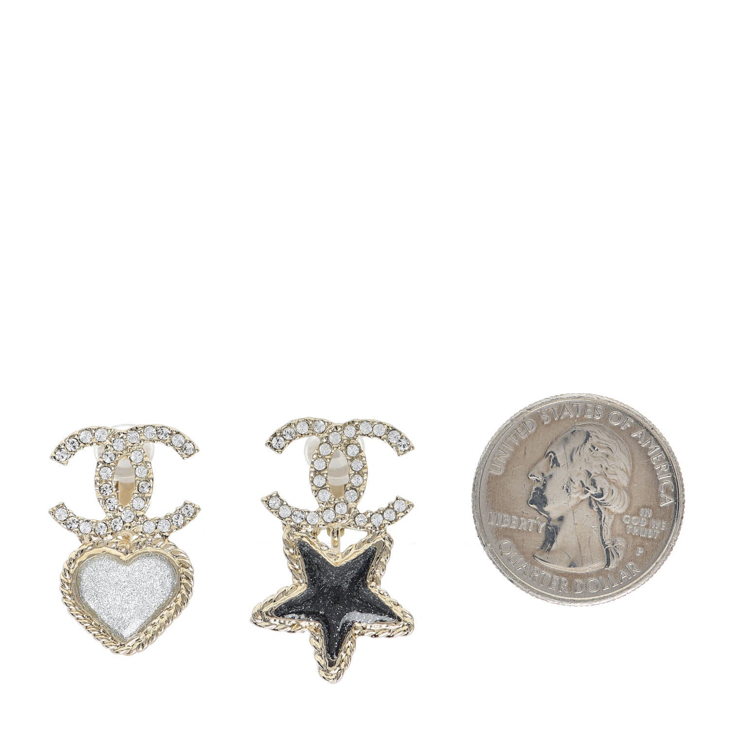 Chanel Crystal Enamel CC Star Heart Clip On Earrings Gold 2 of 4