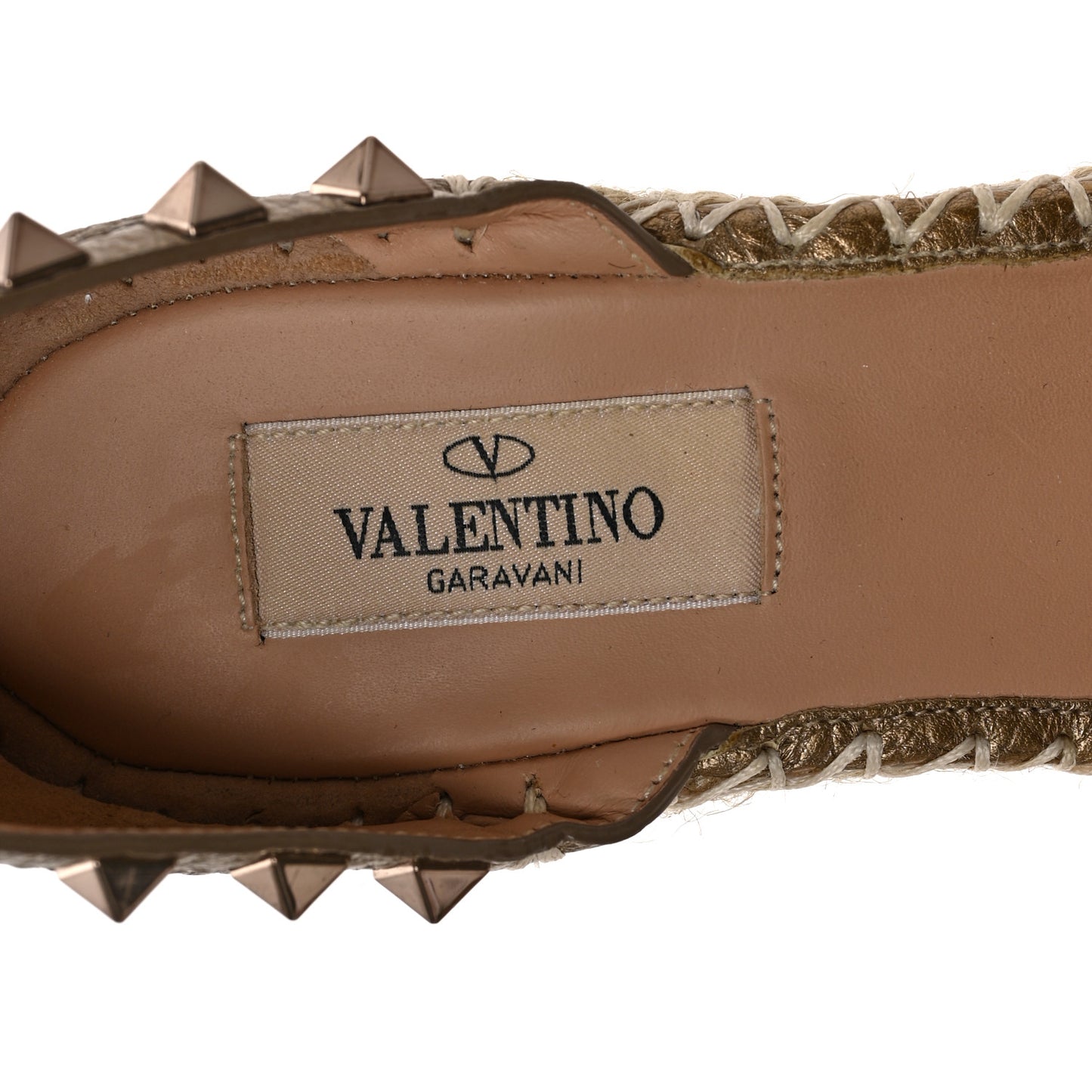 Metallic Grained Calfskin Rockstud Ankle Wrap Espadrille Wedges 38 Skin