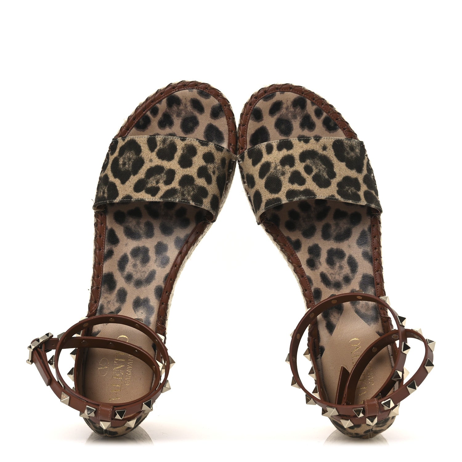 Valentino Garavani Canvas Leopard Print Rockstud Ankle Wrap Espadrille Flatform Sandals 41 Brown 2 of 13