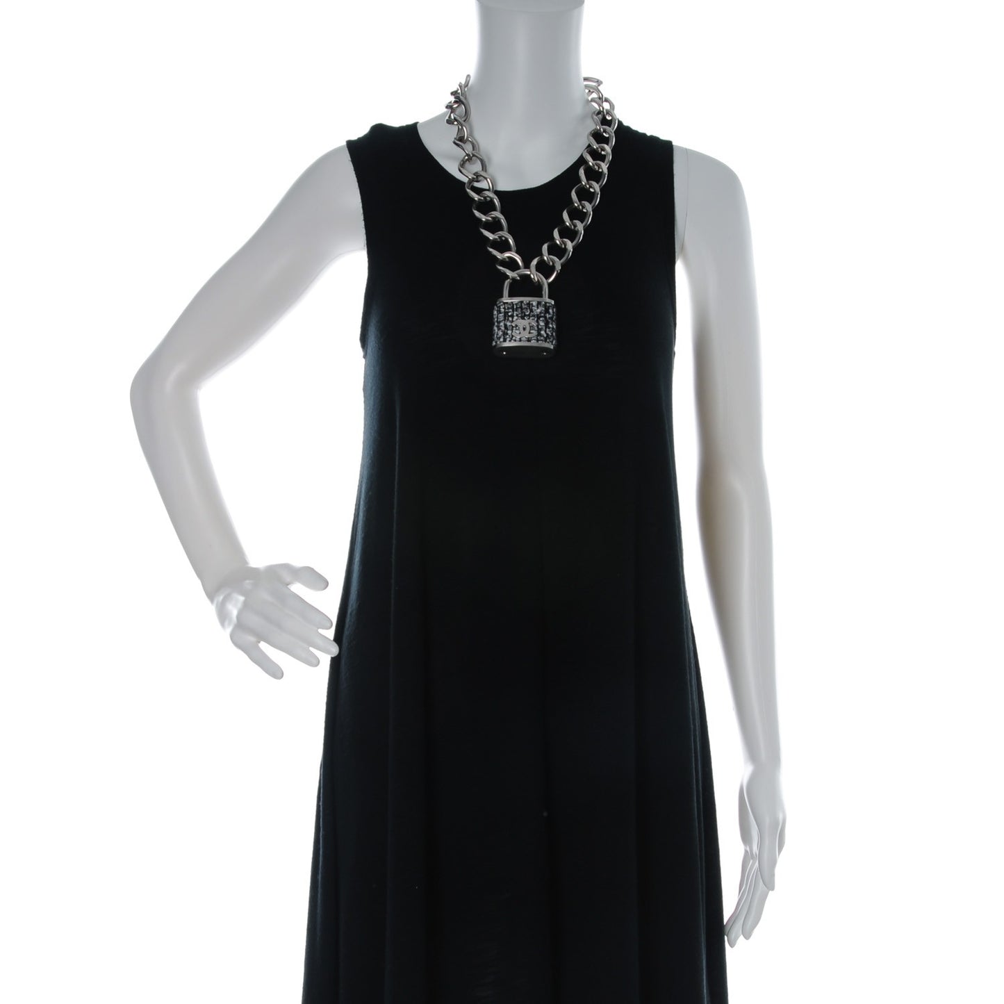 Tweed CC Oversized Padlock Chain Necklace Black Silver