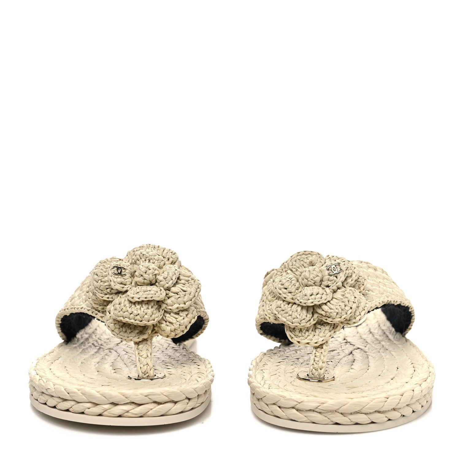 Chanel Raffia Camellia Flower Thong Sandals 37 Ivory 2 of 8