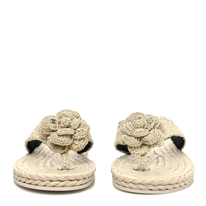Chanel Raffia Camellia Flower Thong Sandals 37 Ivory 2 of 8