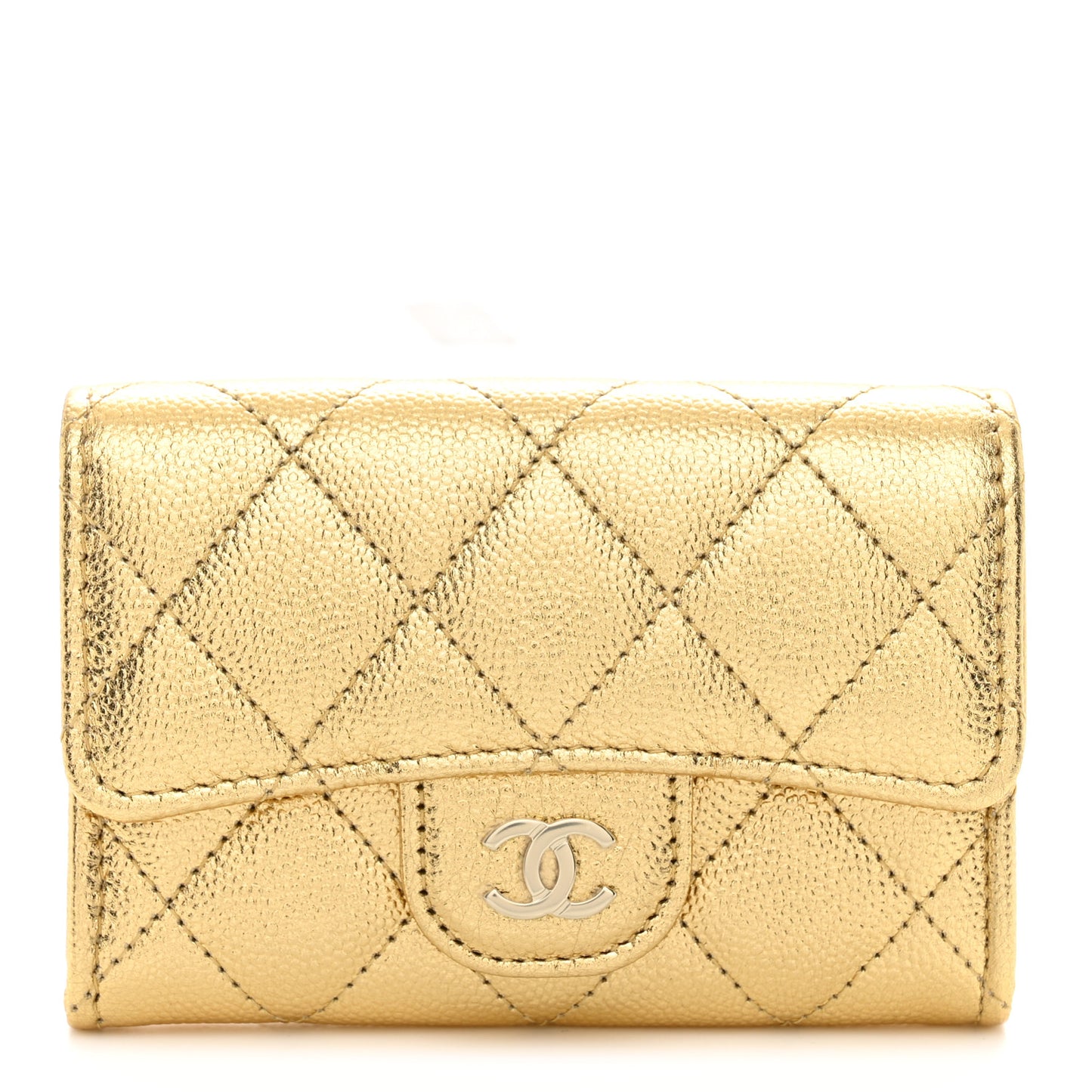 Metallic Caviar Quilted Flap Card Holder Wallet Gold