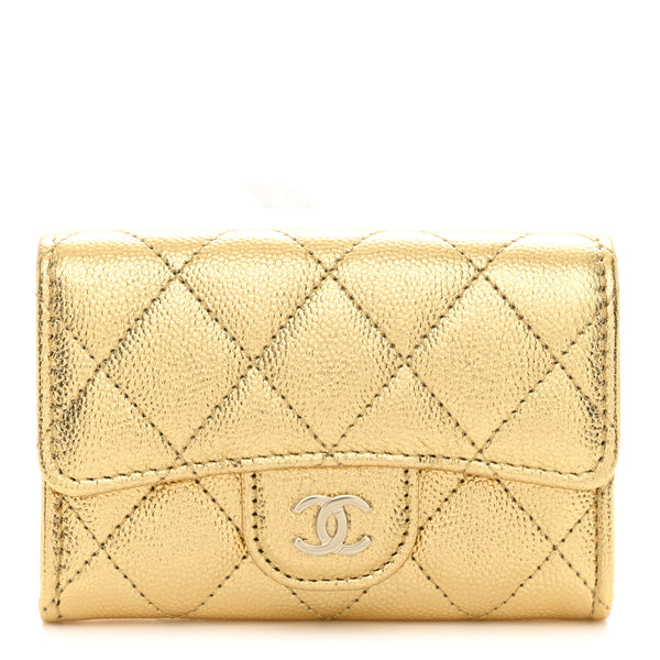 CHANEL カードホルダー ケース ゴールド Chanel Metallic Caviar Quilted Flap Card Holder Wallet Gold