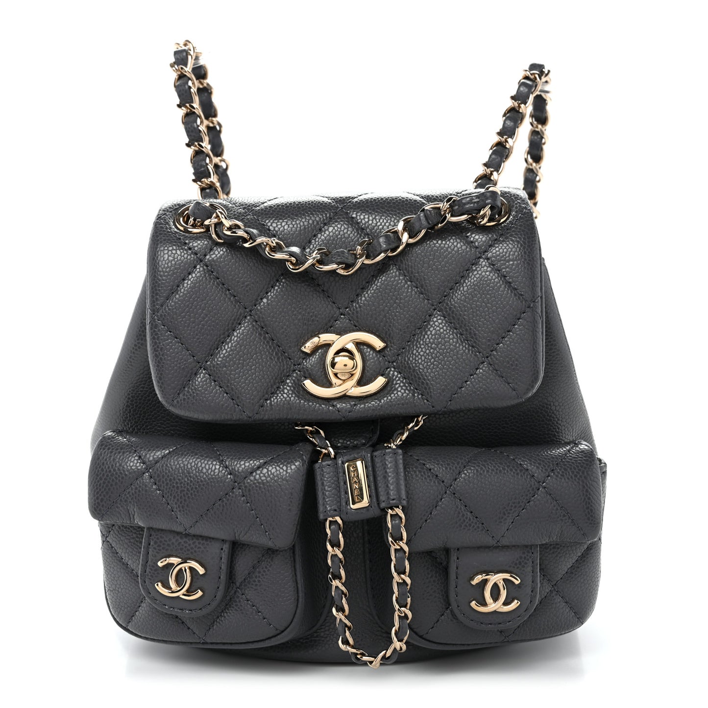 Shiny Caviar Quilted Small Duma Pockets Drawstring Backpack Grey