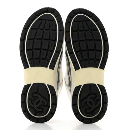 Chanel Fabric Laminated Calfskin Stretch CC Sneakers 39 White Silver 5 of 9