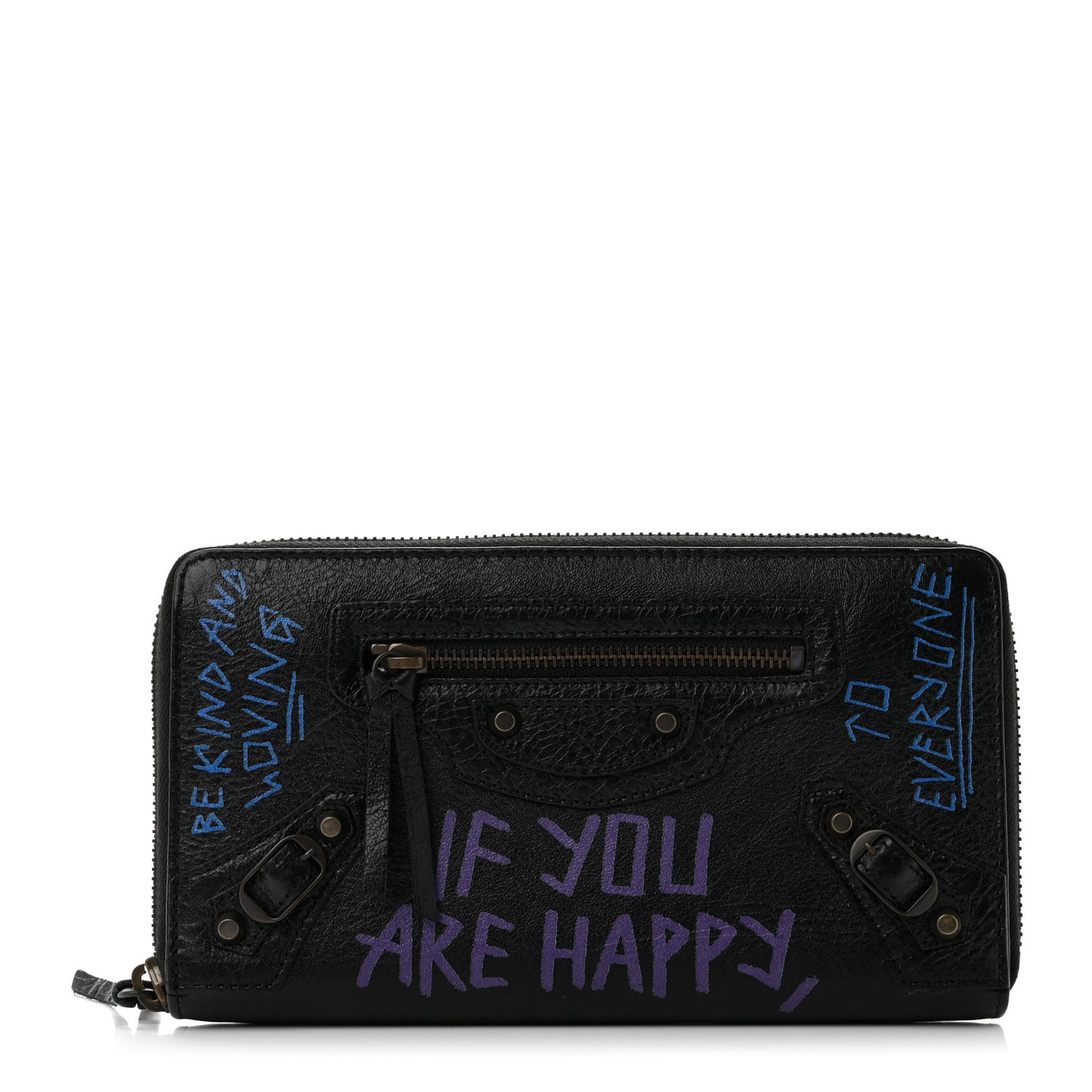 Agneau Arena Graffiti All Over Classic Hardware Continental Zip Around Wallet Black Bleu Violet
