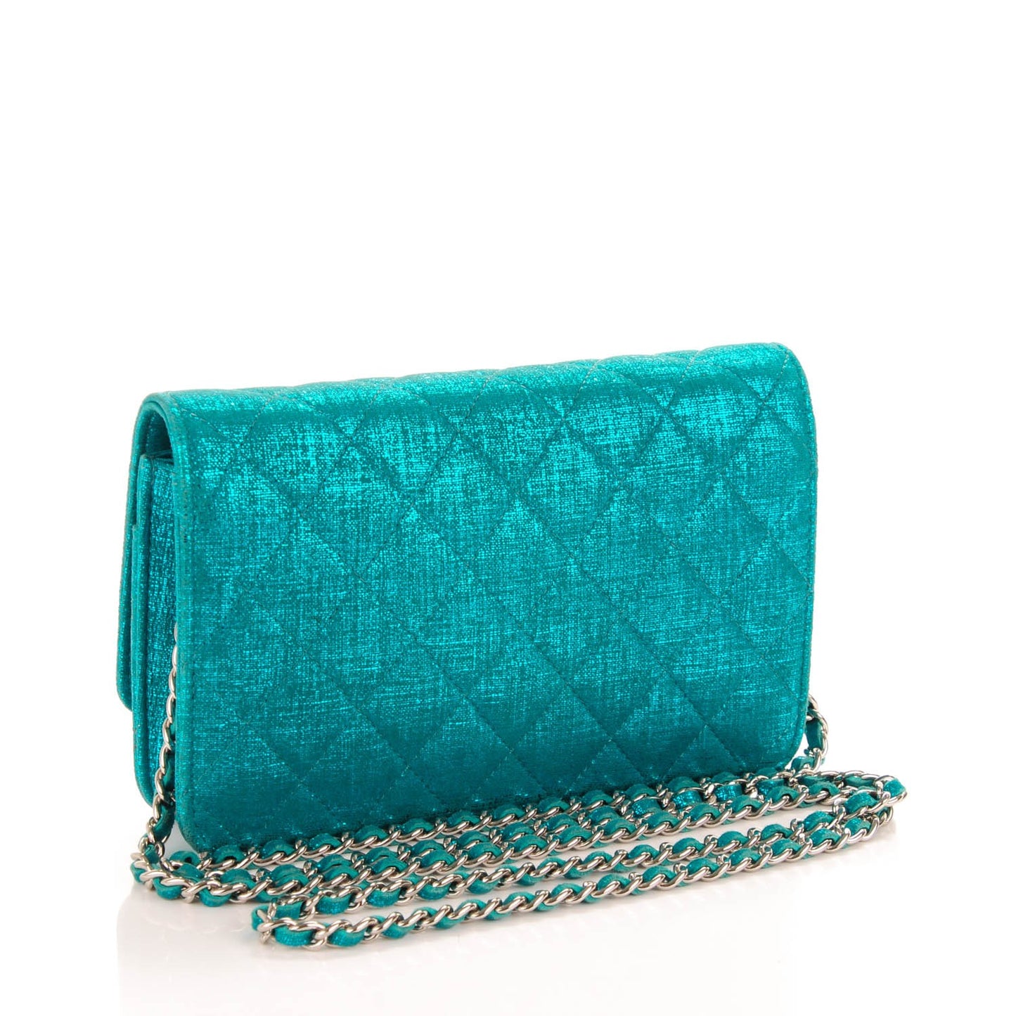Metallic Calfskin Wallet on Chain WOC Turquoise