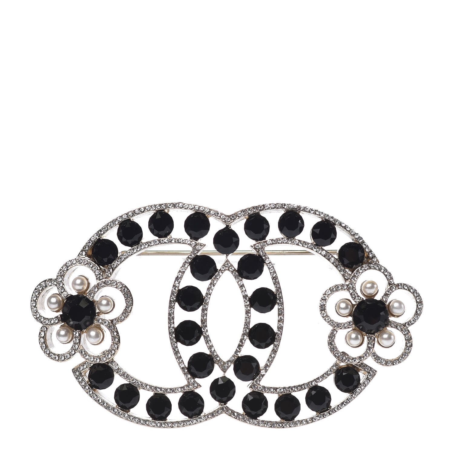 Chanel Crystal Pearl Crystal Blossom CC Brooch Light Gold Black 1 of 4
