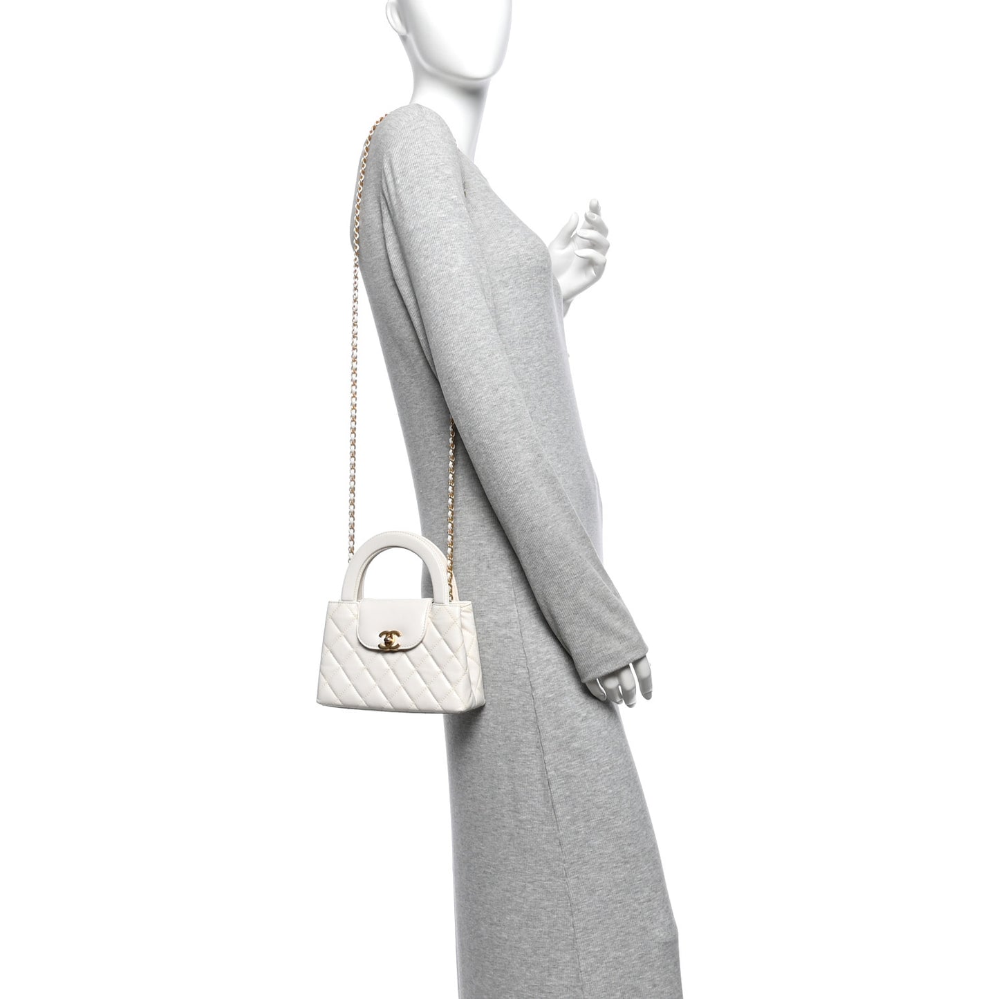 Shiny Aged Calfskin Quilted Nano Kelly Shopper White