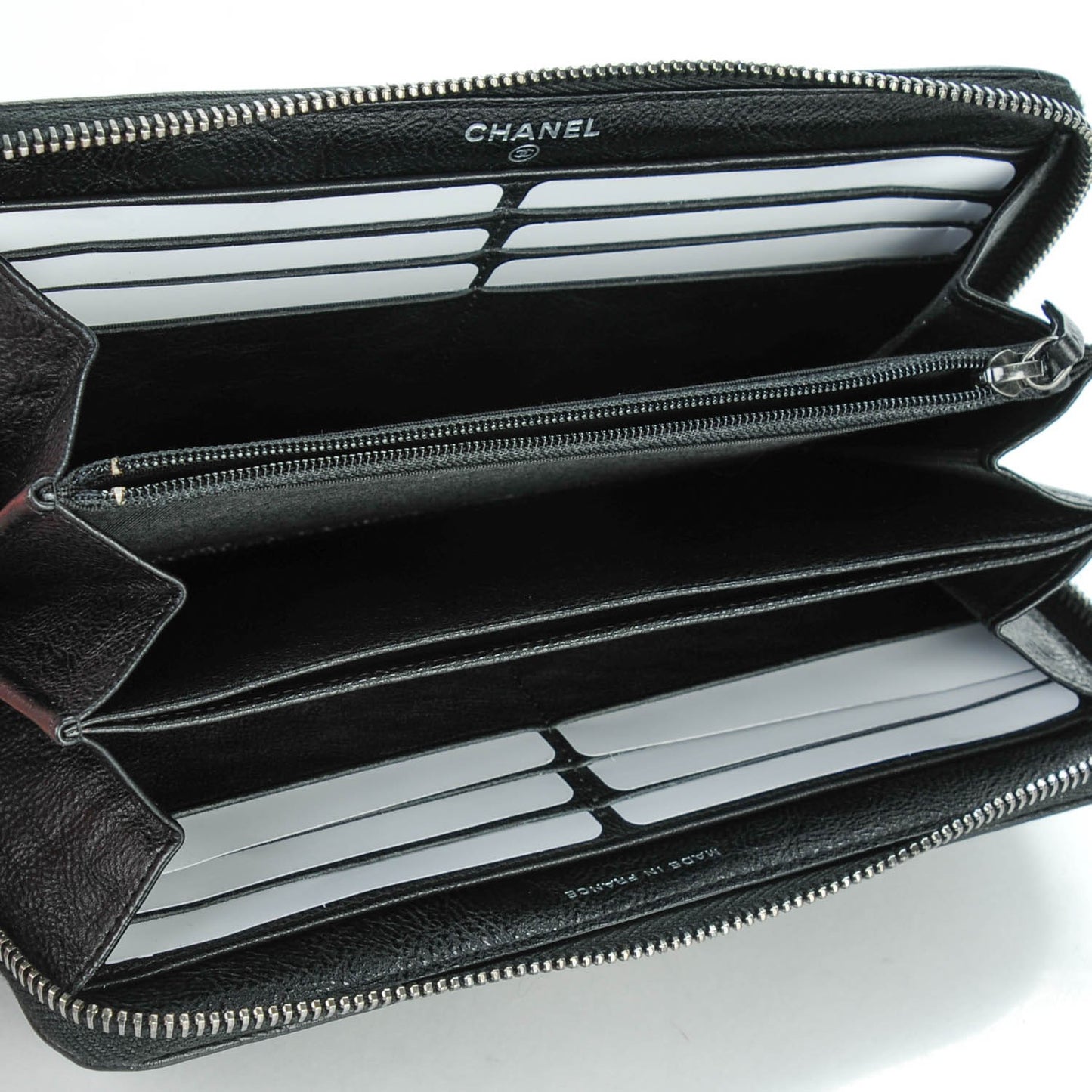Grained Calfskin Quilted Boy Chain Large Gusset Zip Around Wallet Black