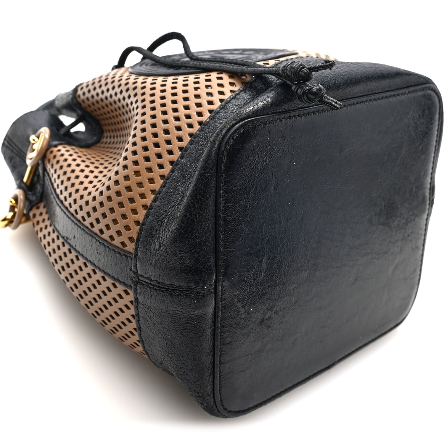 Fendi Vitello Liberty Glossy Lambskin F is Fendi Perforated Small Mon Tresor Bucket Bag Sand Mimosa Black 8 of 9