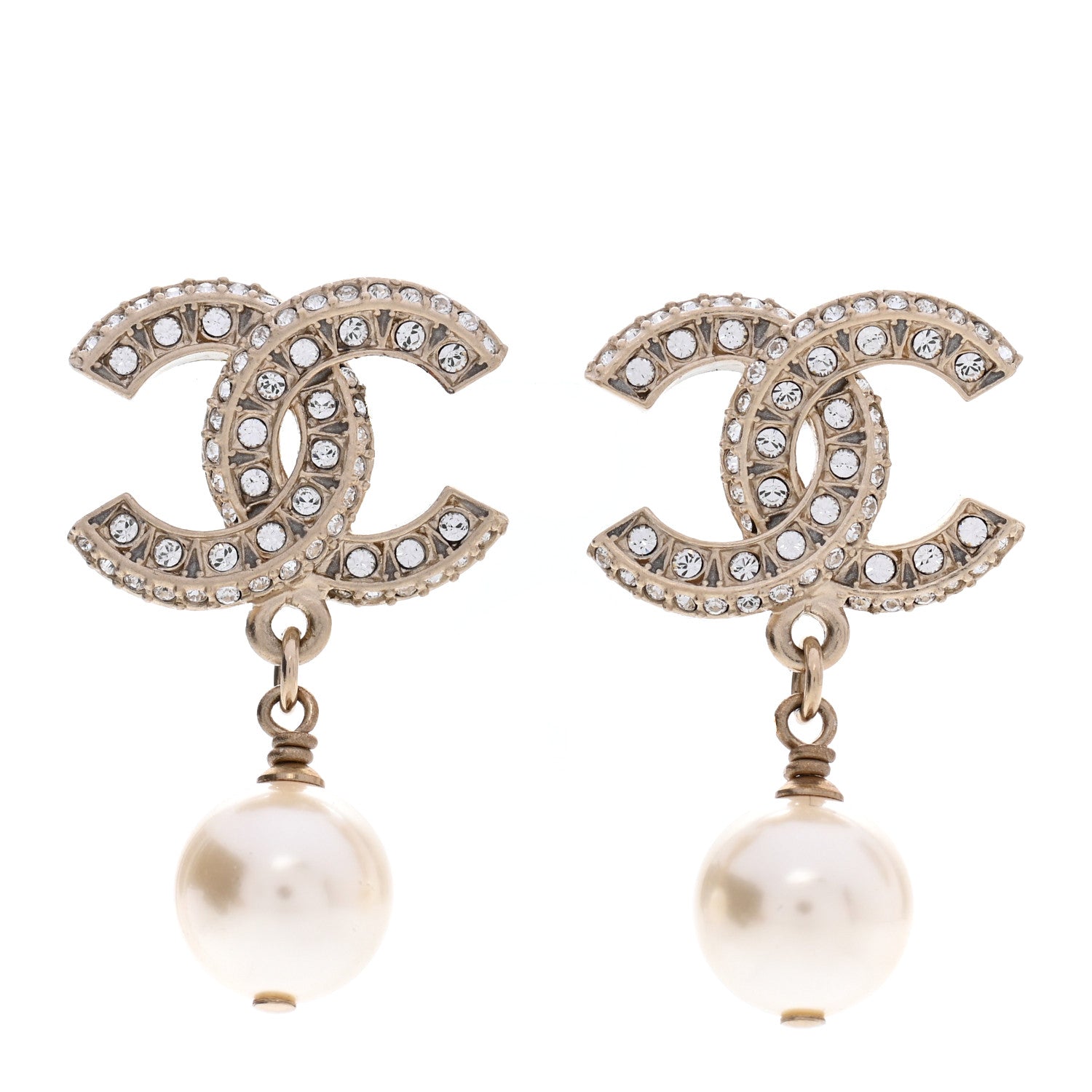 Chanel Crystal Pearl CC Drop Earrings Gold 1 of 5
