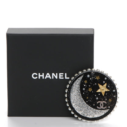 Chanel Glittered Resin Crystal Pearl CC Moon Pin Brooch Black Gold Silver 5 of 5